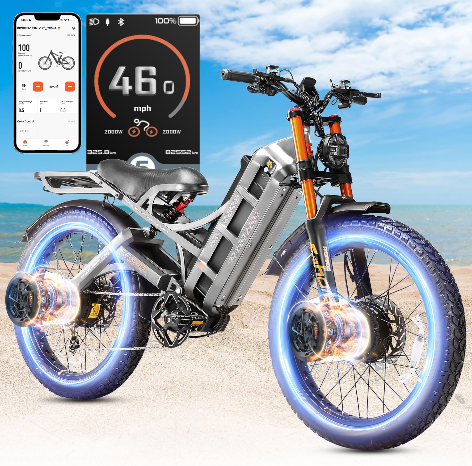 eAhora Romeo Pro 2/3 34-50Mph Electric Bike for Adults, 1600/2500/4000/5600W Dual Motor Ebike 48-60V 60-80Ah Battery 100-235 Mile Long Range, 26*4.0"/20*4.5" Fat Tire, Full Suspension, All Terrain