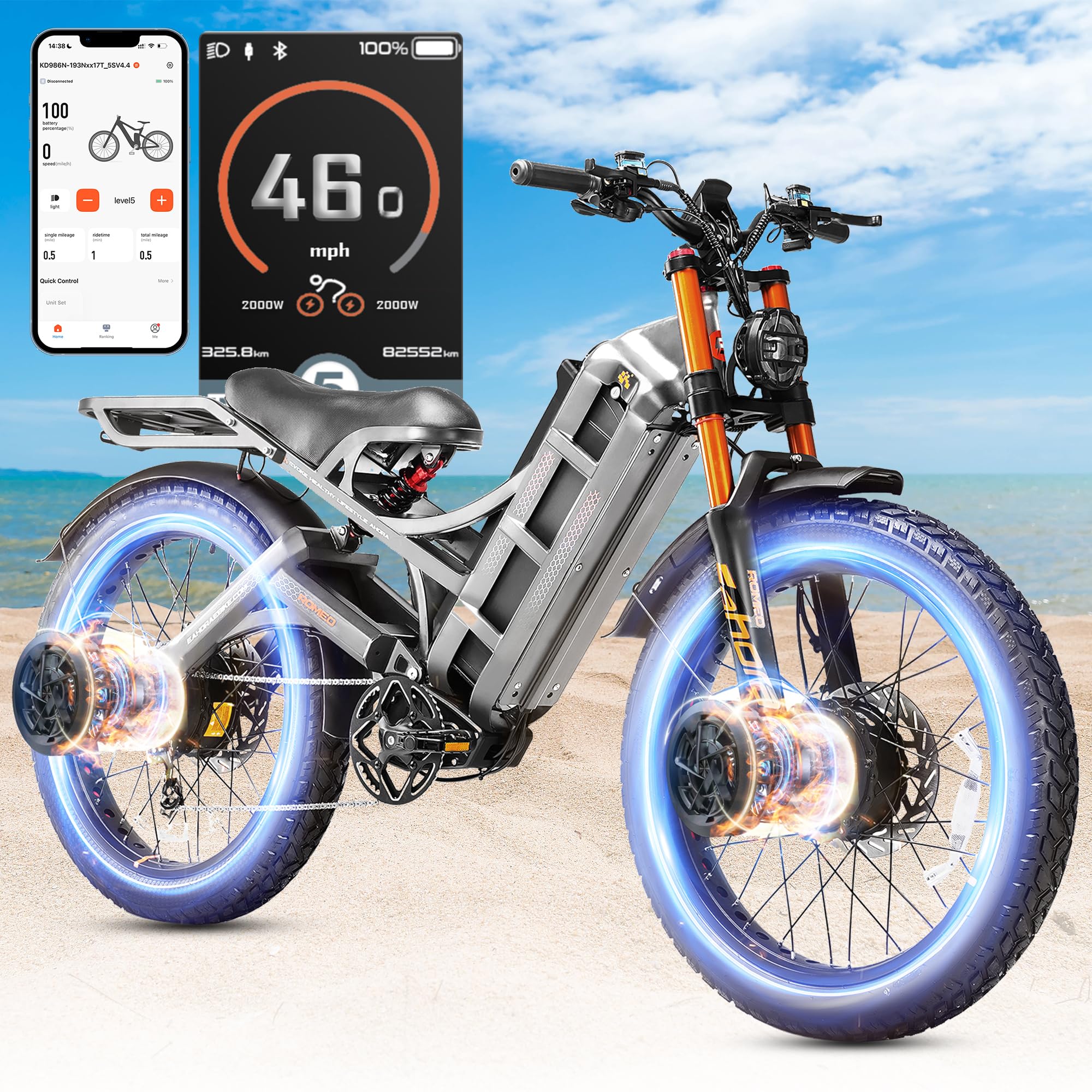 2025 eAhora Romeo Pro 3/2 50Mph/46Mph Electric Bike for Adults Peak 5600W/4000W Dual Motor Ebike, 60V/80Ah 52V/70Ah 235+Miles Long Range Ebike, 26*4.0" Fat Tire Electric Mountain Bike, Full Suspension