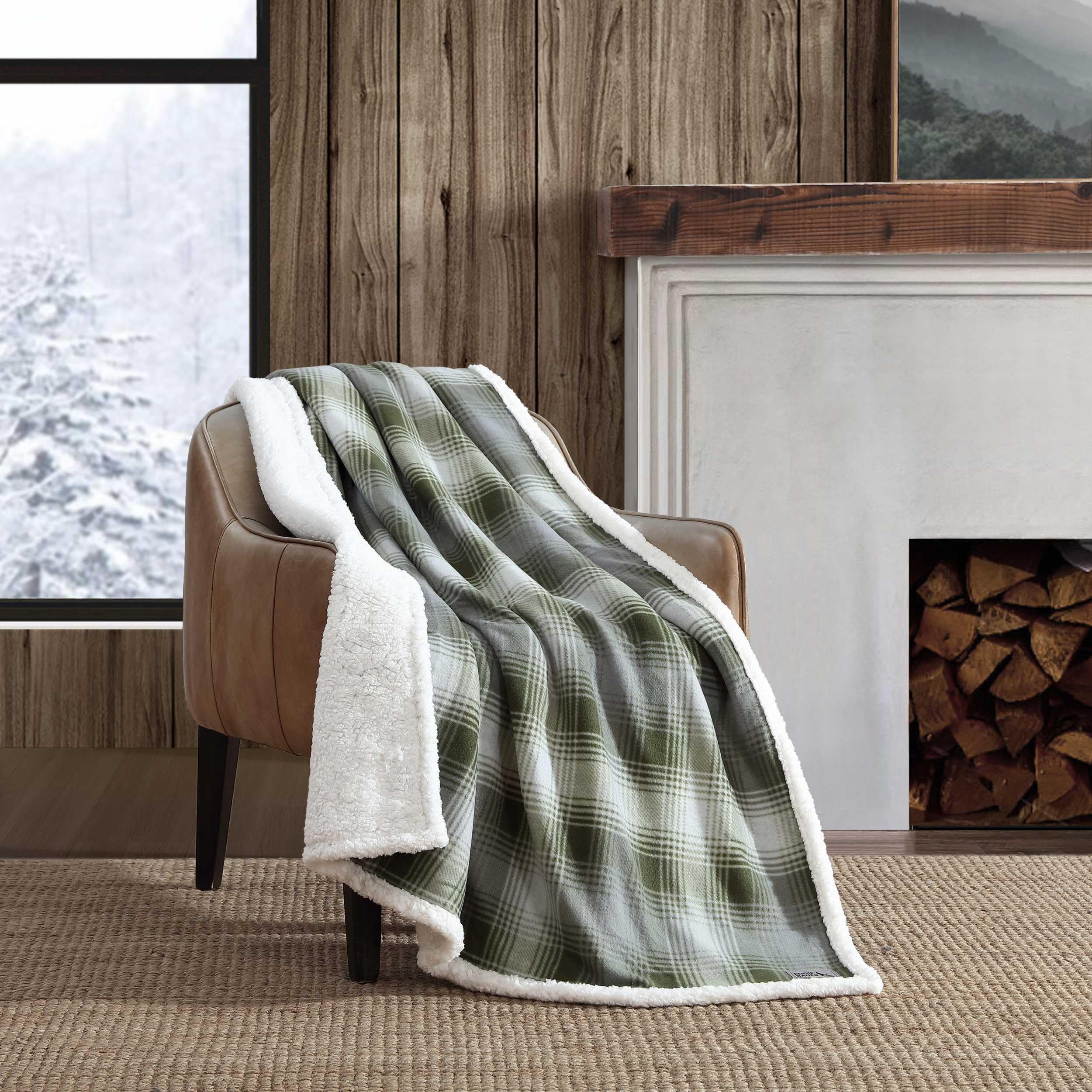 Eddie Bauer - Throw Blanket, Brushed Fleece Bedding with Sherpa Reverse, Soft & Cozy Plaid Home Decor (Nordic Plaid Green, 50" x 70")
