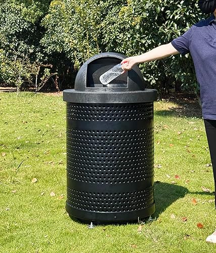 Bote de basura de metal perforado termoplástico de 32 galones con tapa de cúpula de espuma estructural, color negro