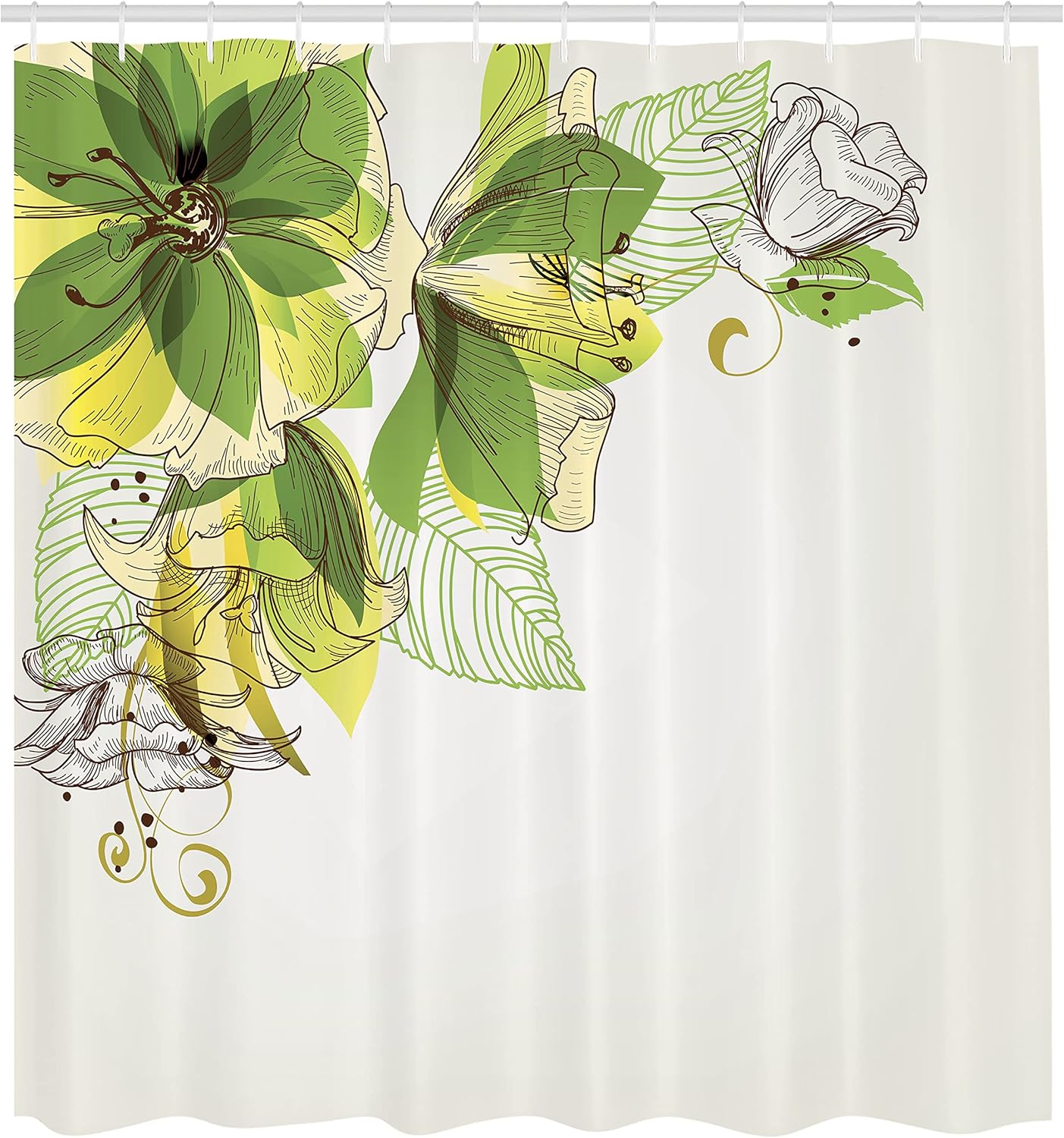Ambesonne Flowers Shower Curtain, Buds Leaf at The top Left Corner Season Celebrating Theme, Cloth Fabric Bathroom Decor Set with Hooks, 69" W x 84" L, Fern Green and Yellow