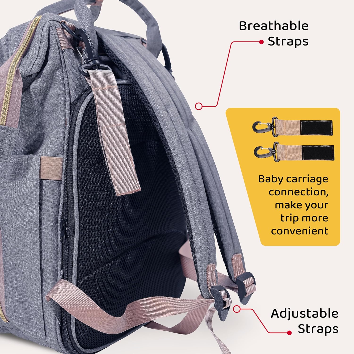 SNUGGY BABY Diaper Bag with Changing Station, Diaper Backpack with Changing Pad, Portable Diaper Organizer, Insulated Bottle Holders, Large Capacity, Water-resistant Travel Bag (Gray) - Image 5