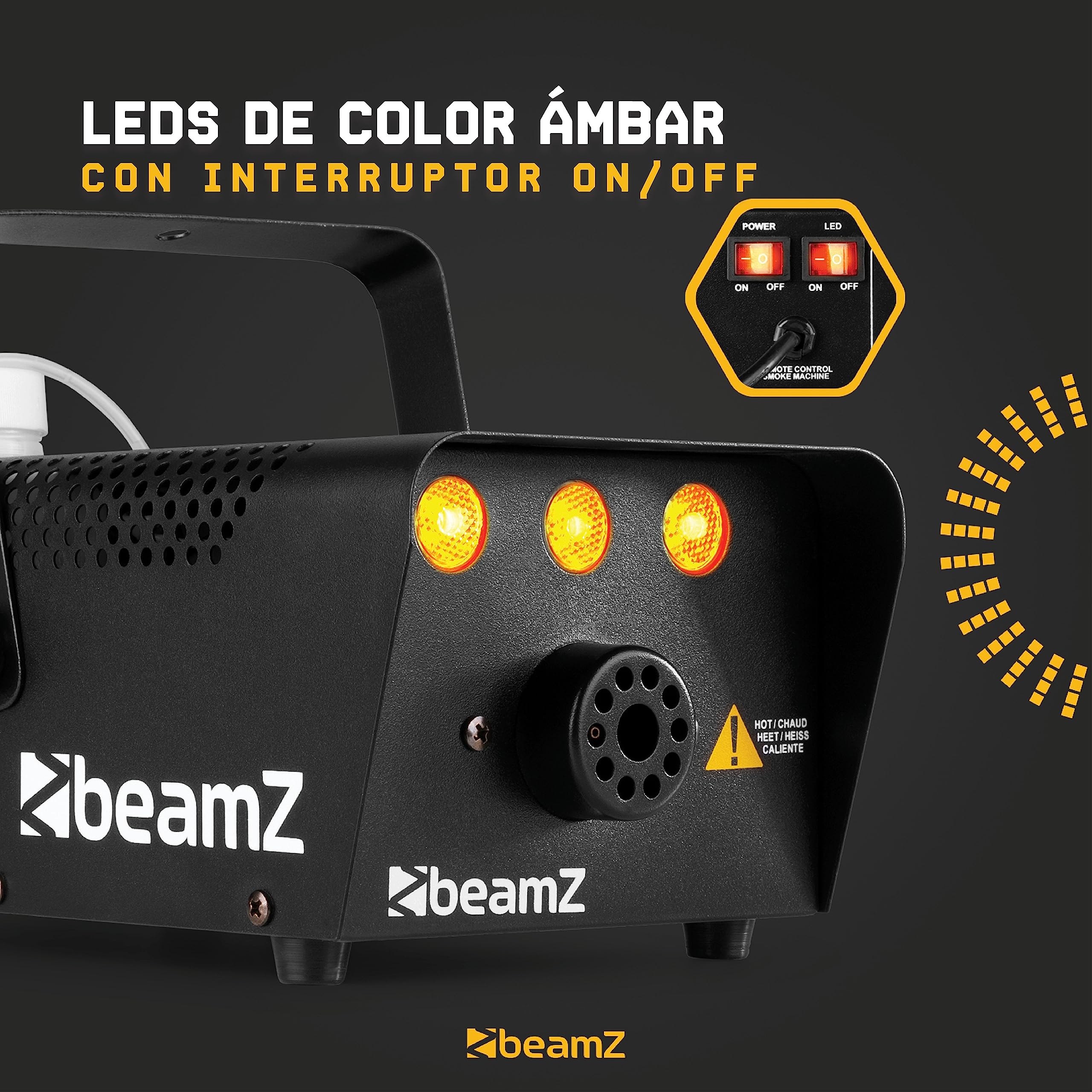 Beamz S-700-LED - Máquina de humo con leds ámbar para generar efecto fuego, 700w, genera 75m3 de humo por minuto, mando a distancia con cable de 3m, calentamiento rápido, perfecto para eventos