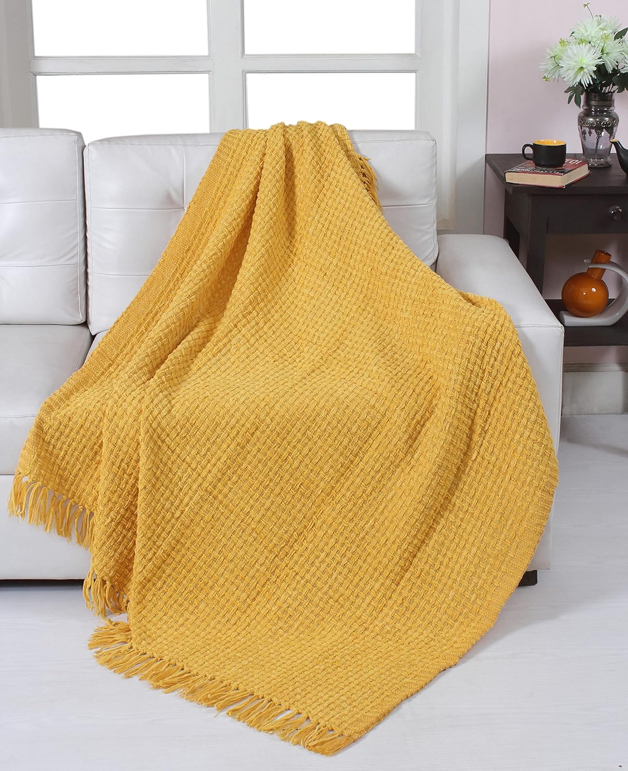 Fabstyles Chenille Basket Weave Throw Blanket for Couch Sofa Chair Bed Home Decoration, Super Soft Warm Cozy Knit Blanket for All Season (Dijon)
