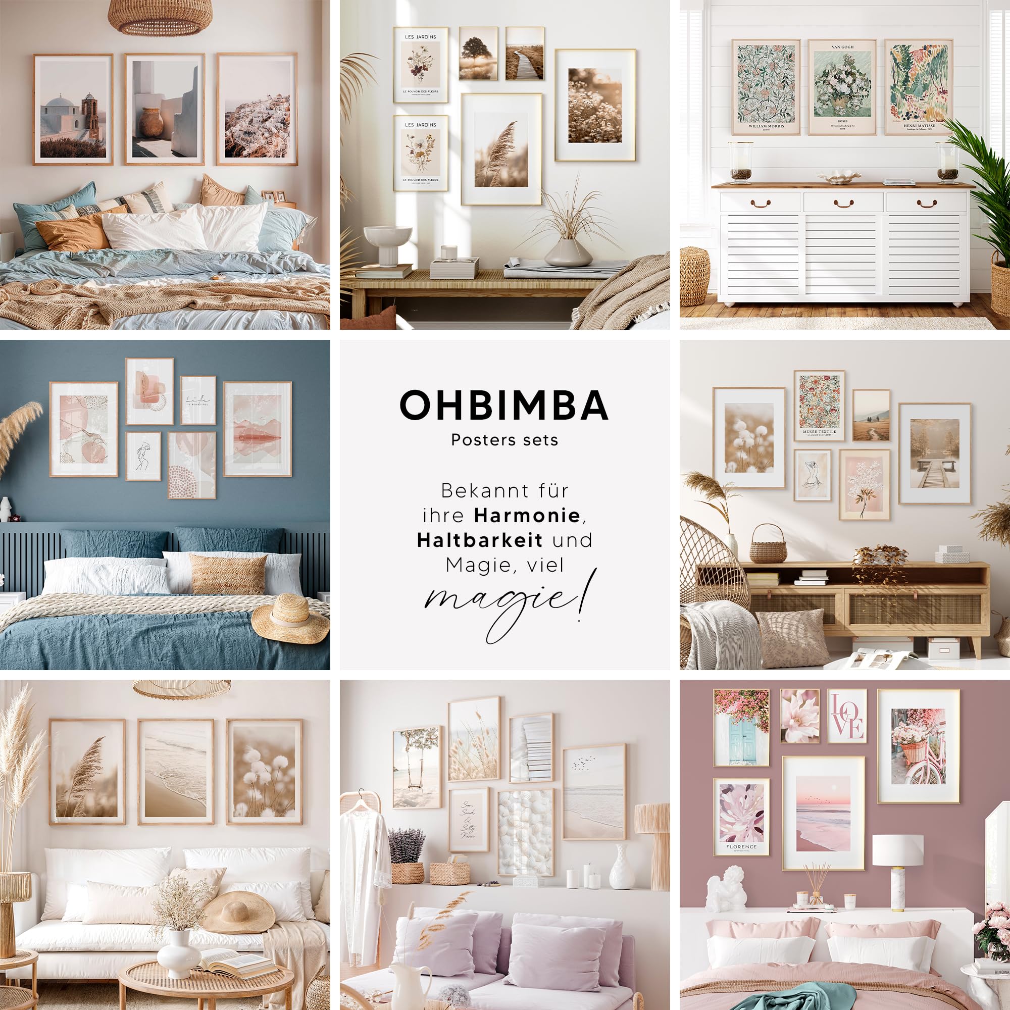 OHBIMBA® Sets Von 3 Poster & Kunstdrucke Mit Rahmen - Zimmer Deko Und Wanddeko Wohnzimmer - Deko Wohnzimmer und Bilder Schlafzimmer - Abstrakt Boho Deko - 30x40 cm - Mit Rahmen Holz