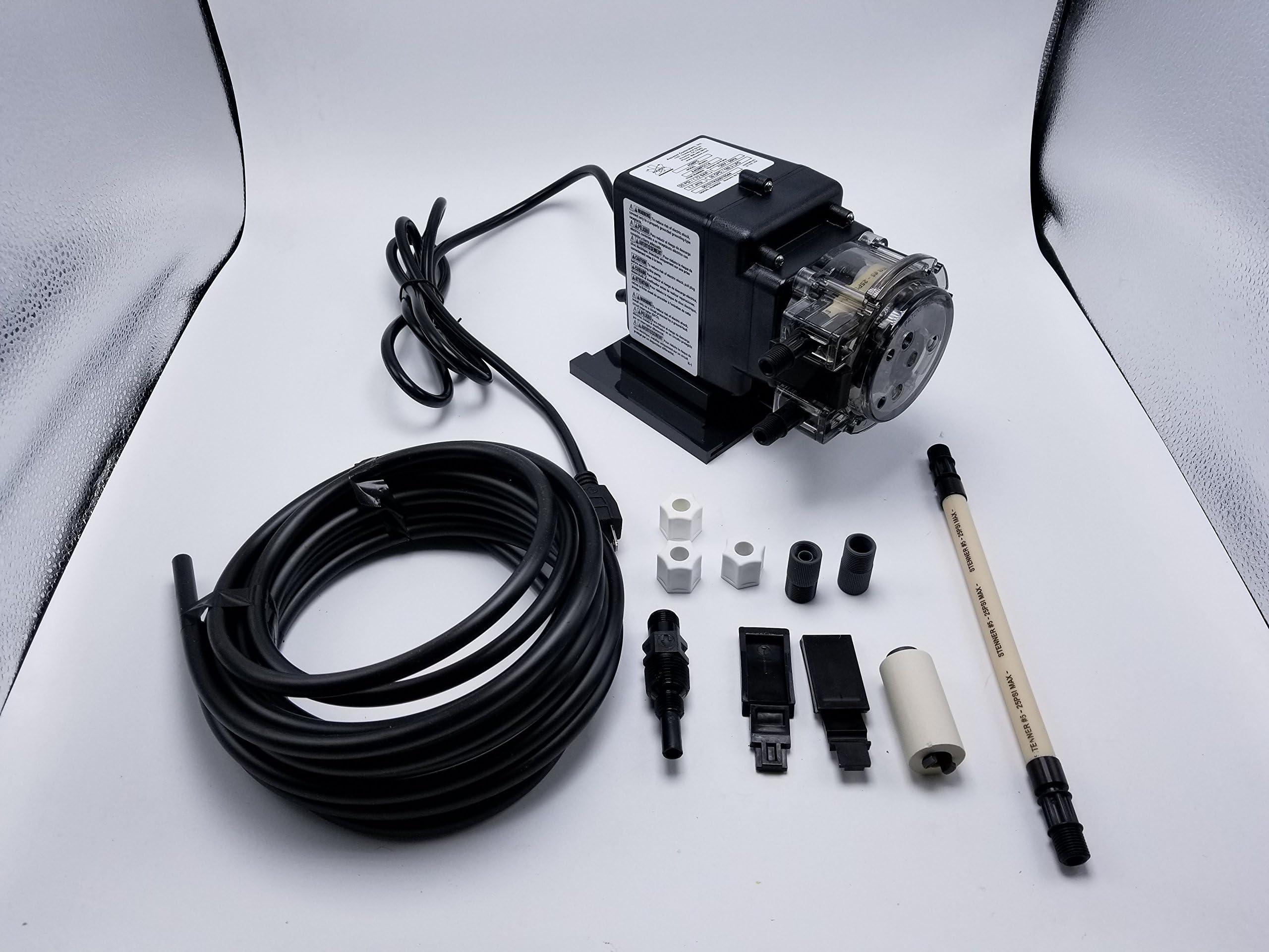 Stenner Pump 85mp5 - Stenner Peristaltic Pump Fixed Head - Rated at 85 gpd adjustable head. Rated at 25 psi. - Ideal Chlorine Injection Pump. 120 Volts, Model number 85MFL5A4S