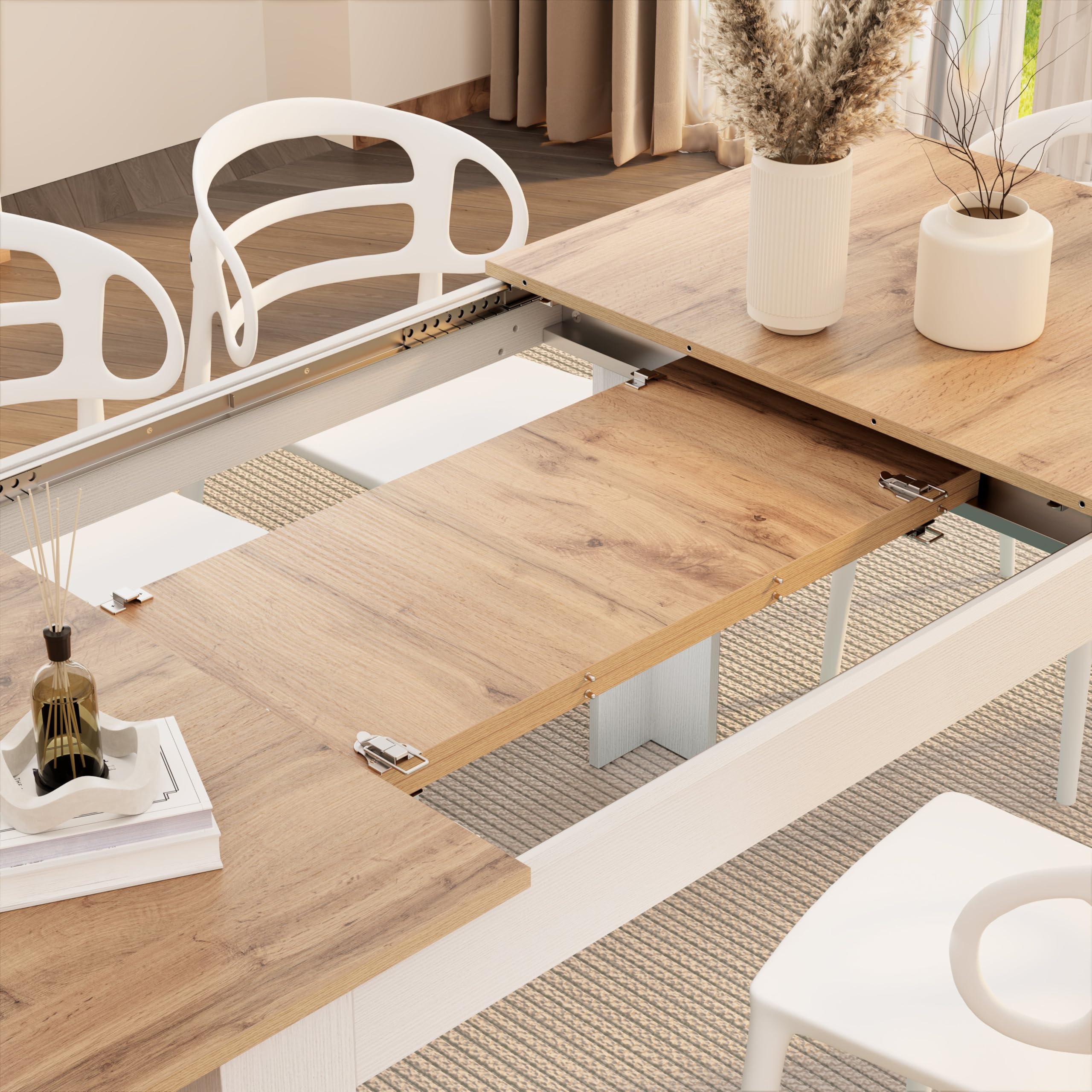 MOBILI FIVER, Ausziehbarer Esstisch Easy, 140(220) x90 cm, Rustikale Eiche und Esche Weiss, Made In Italy