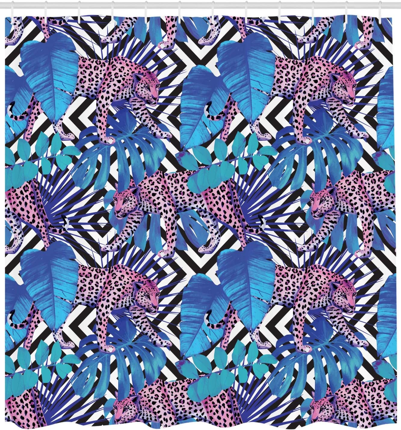 Ambesonne Exotic Shower Curtain, Tropical Themed Wild Leopard Between Giant Plants Savannah Concept Illustration, Cloth Fabric Bathroom Decor Set with Hooks, 69" W x 70" L, Blue and Pink