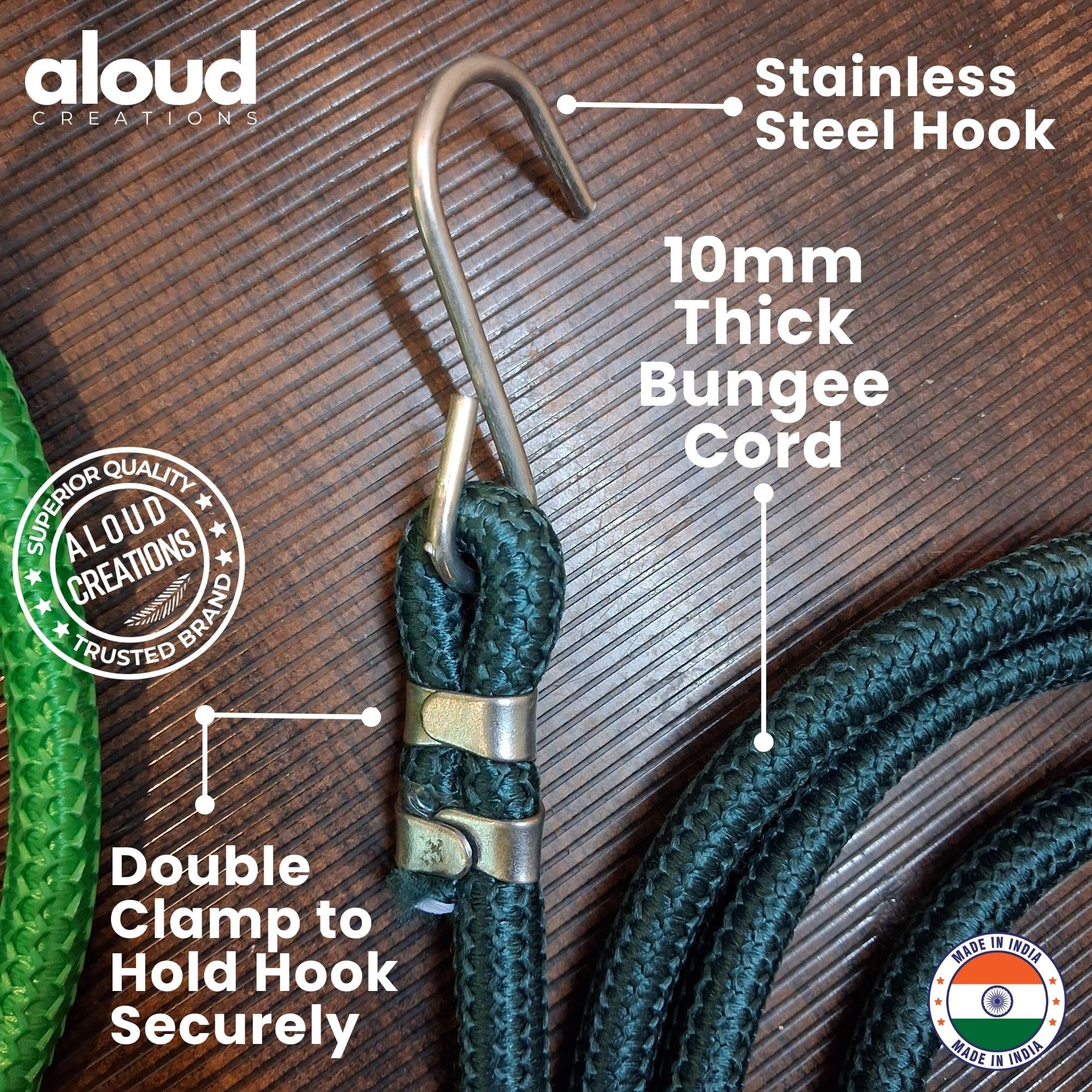 ALOUD CREATIONS 2Pc Super Strong Thick Elastic Rope With Hook | 10mm Dia, 6 Feet Length, Stretched Up To 10 Feet | Stretchable Rope For Clothes Drying, Luggage Tying For Bikers, Bungee Cord, Bike Rope 4
