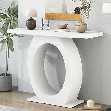 Modern Console Table with Geometric Base, Wood Sofa Table Behind Couch, 39.4 Accent Entryway Table for Living Room Foyer Entryway, Beige