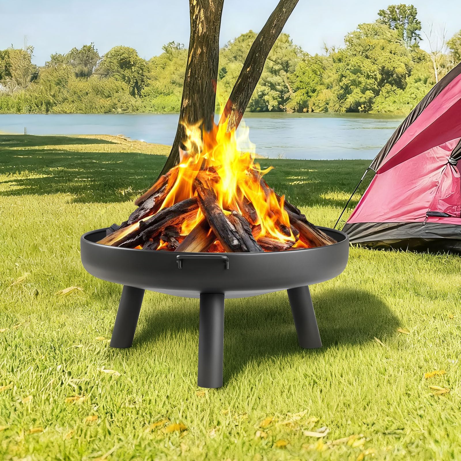 LEADZM Brasero Ø80 cm en Fer | avec 2 Poignées Stables + Crochet À Feu, Panier À Feu pour Bois & Charbon, Bac À Feu comme Foyer pour Jardin Terrasse Extérieur Feu De Camp,Noir