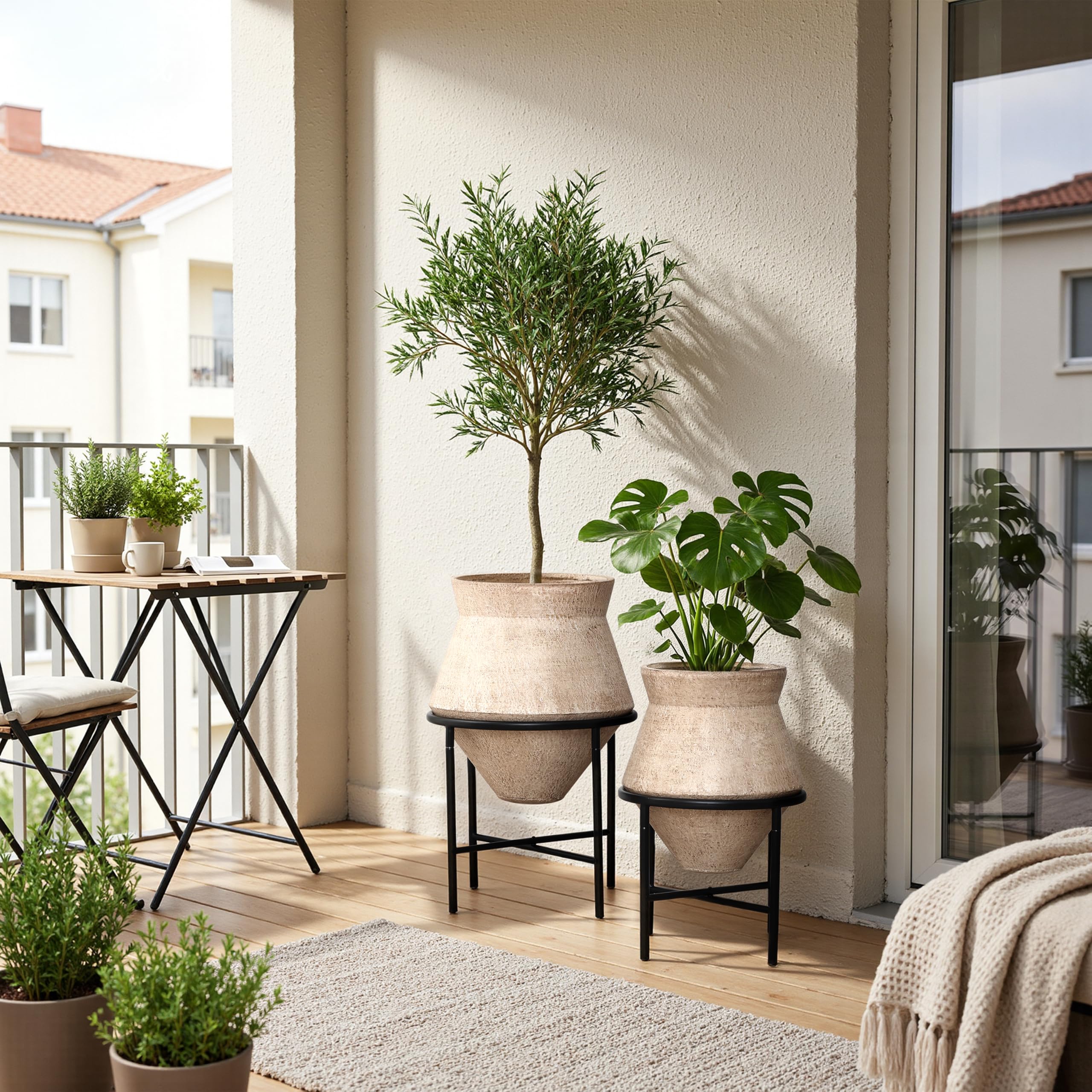 Hometopia 2er Blumentopf Set Frostsicher Formstabil Ø31 & 25 cm ohne Ablaufloch (Hellbraun)