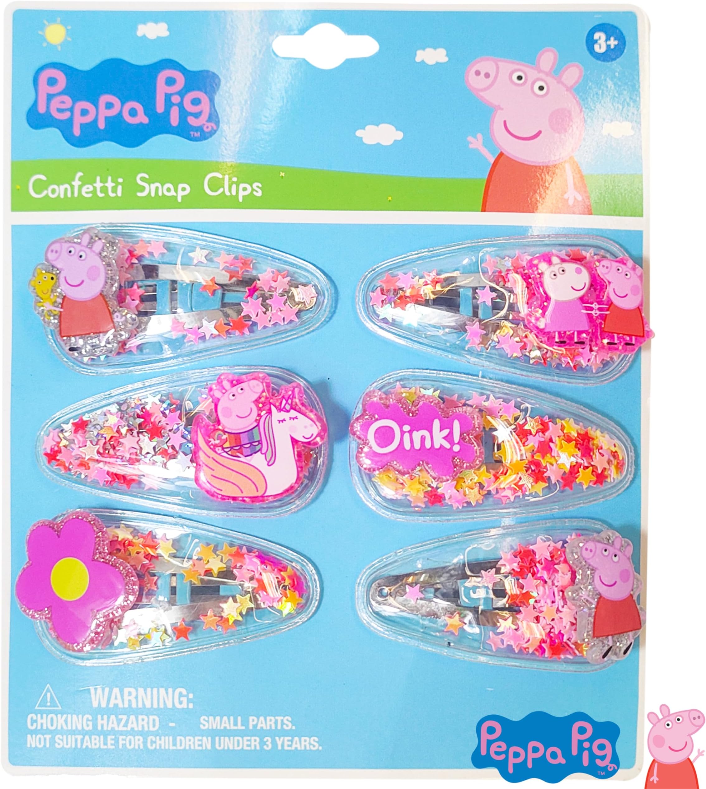 Peppa Pig Toys For Girls, 6pc Cute Hair Clips with Favorite Character Charms, Gifts Magical Confetti Snaps for Kids, Ages 3+