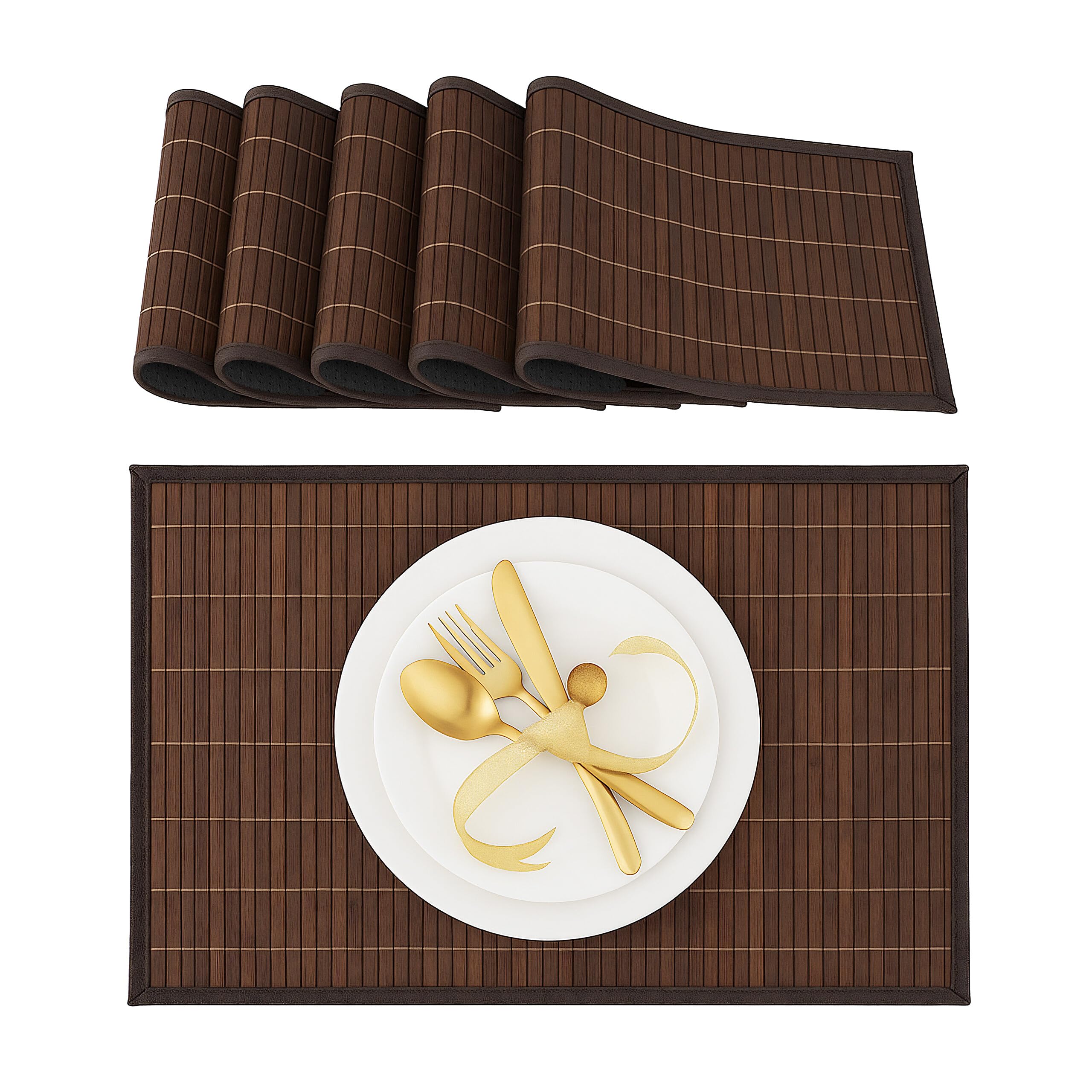 Relaxdays Tischset – 6er Set aus Bambus mit Stoffrand, rutschhemmend, 45 x 30 cm, braun