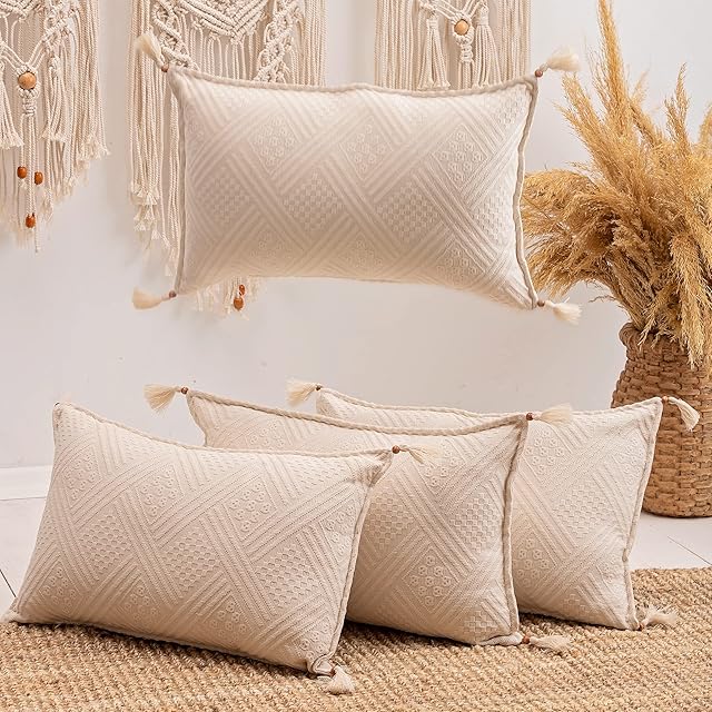 Milam London Cream Cushion Covers 30 x 50 cm | Pack of 4 Soft Decorative Pillow Covers | 100% Cotton Boho Cushion Covers with a Jacquard Weave | Scatter Cushions 12x20 inch | Rectangle Cushion Covers