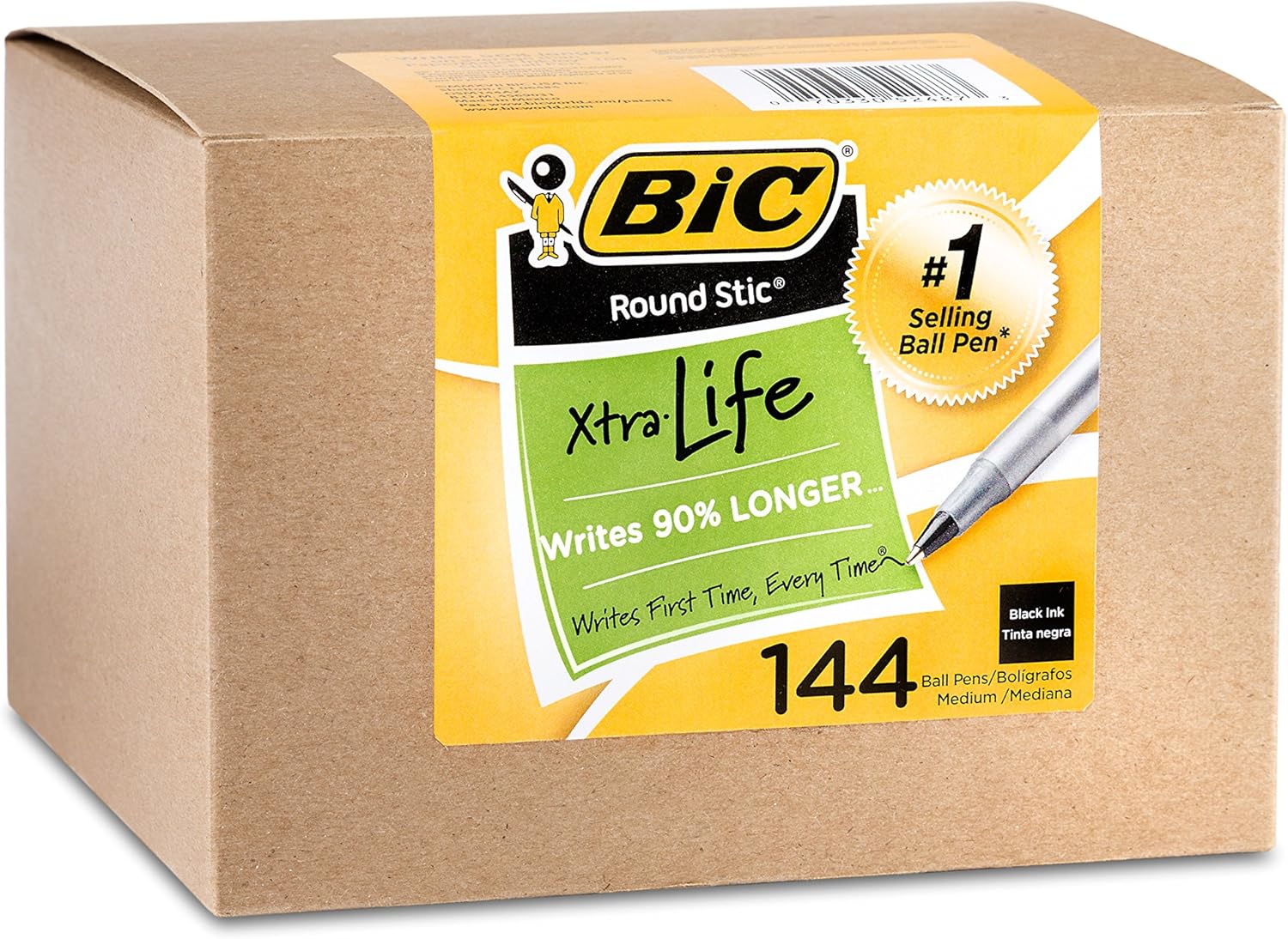 BIC Round Stic Xtra Life Ballpoint Pen, Medium Point (1.0mm), Black, Flexible Round Barrel For Writing Comfort, 144-Count : Office Products