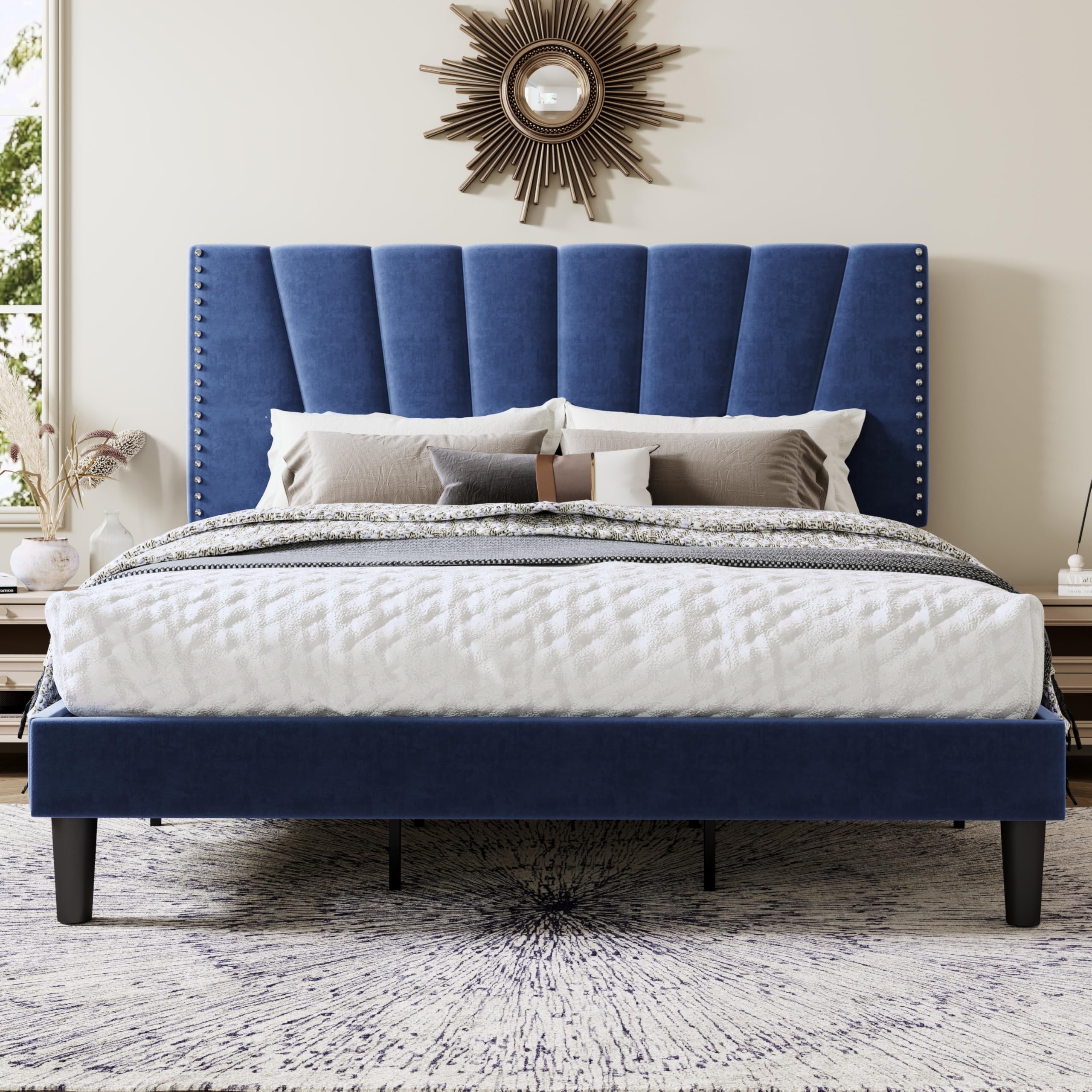 Allewie King Size Velvet Platform Bed Frame with Adjustable Headboard, Blue