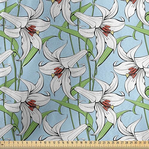 Miniatura 2 de Ambesonne Flower Fabric by The Yard, Pattern with Flourishing Lilies Garden Growth Spring Season Illustration, Decorative Satin Fabric for Home