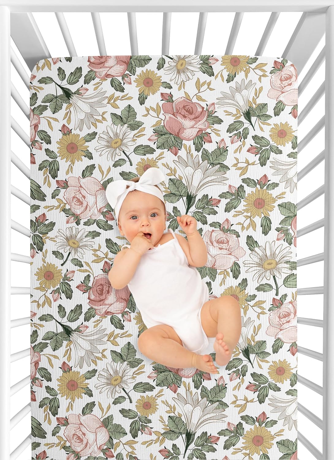 Sweet Jojo Designs Muslin Crib Sheets (Vintage Floral Boho) for Baby Girls, Infant Nursery, Toddler Room - 100% Cotton Fitted Sheet Standard Size (Bohemian, Shabby Chic, Rose, Flower, Farmhouse, Pink)