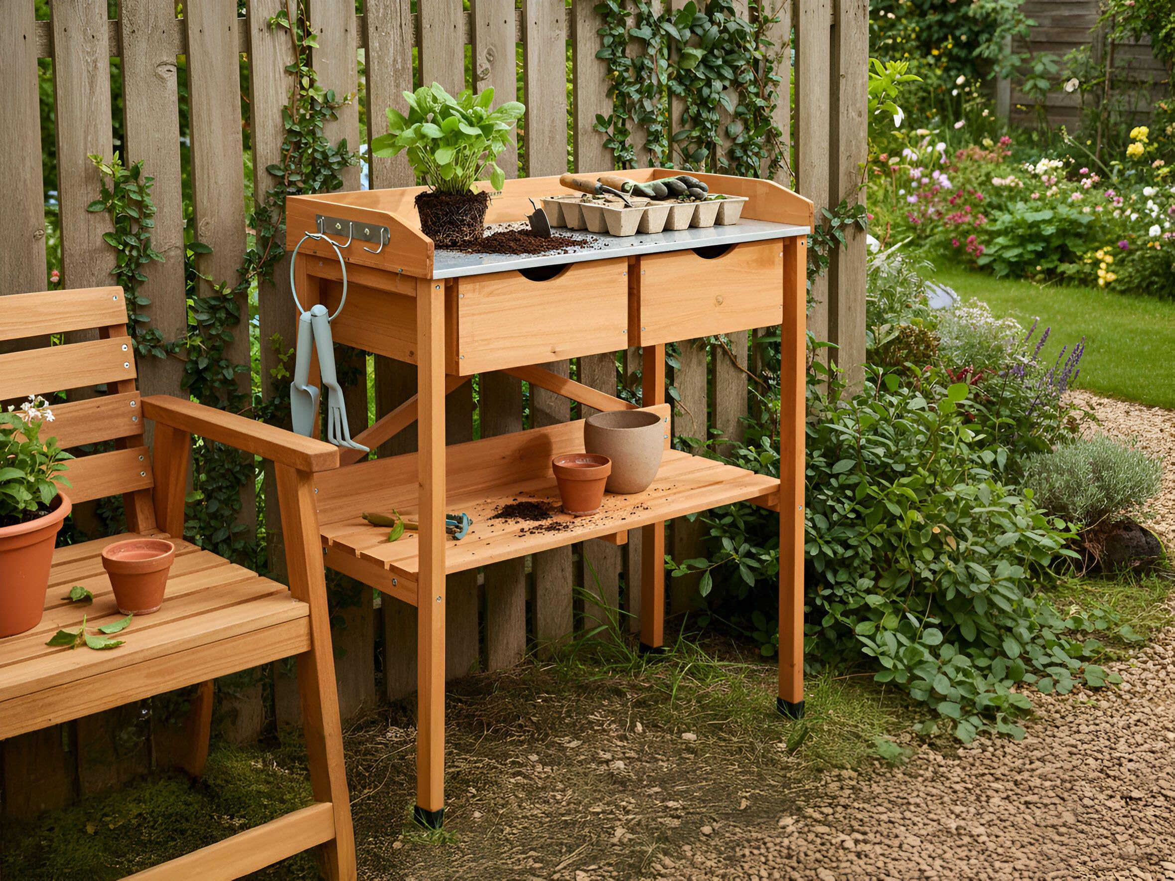 Ravanusa Table de Rempotage en Bois de Sapin 79x37x89 cm Plan de Travail en Fer Marron Clair