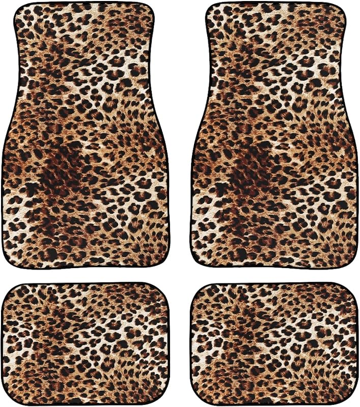 Jogo de Tapetes Automotivos Marrom com Estampa de Leopardo COFKITGOT para Carros, Caminhonetes, Sedãs e SUVs, 4 Peças