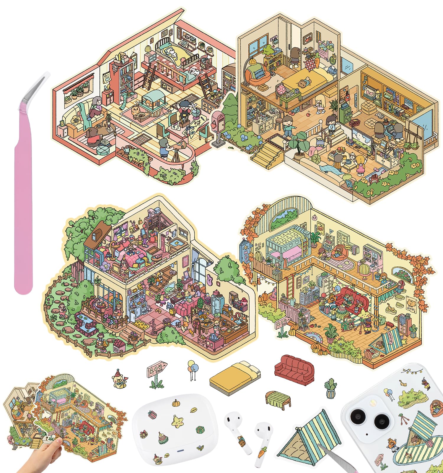 DIY 3D House Stickers, 4 Sets Fun DIY Stickers Scene Make Your Own Mini House Cute Cartoon Animal Scene Stickers for Kids Adult Sticker Art Relief