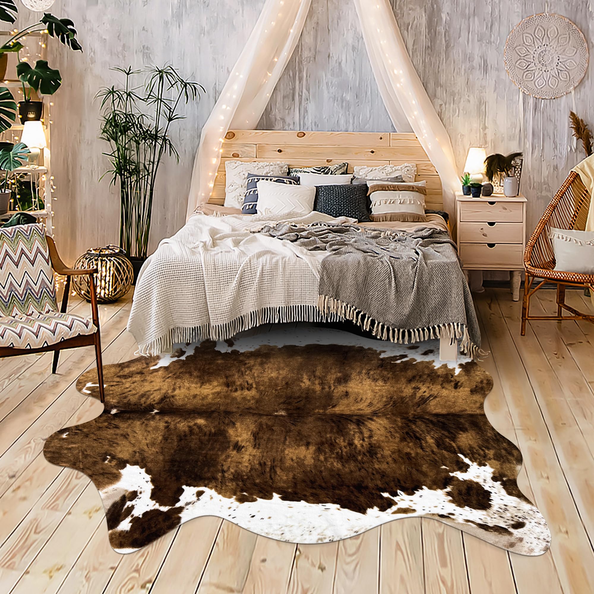 Grand tapis en cuir de vache synthétique pour chambre à coucher, salon, chambre d'enfant, bureau, table, décoration murale, marron, 1,4 x 1,6 m
