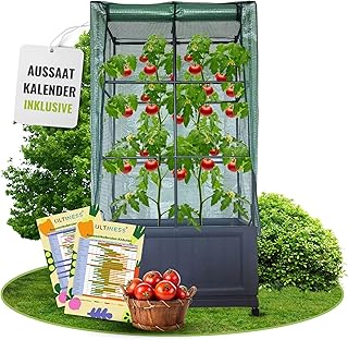 Balkon Gewächshaus Laura mit Pflanzkasten, Rankgitter & Schutzfolie, Tomatengewächshaus, Tomatenzelt, Foliengewächshaus – Wetterfest, UV-beständig, Platzsparendes Urban Gardening Terrasse