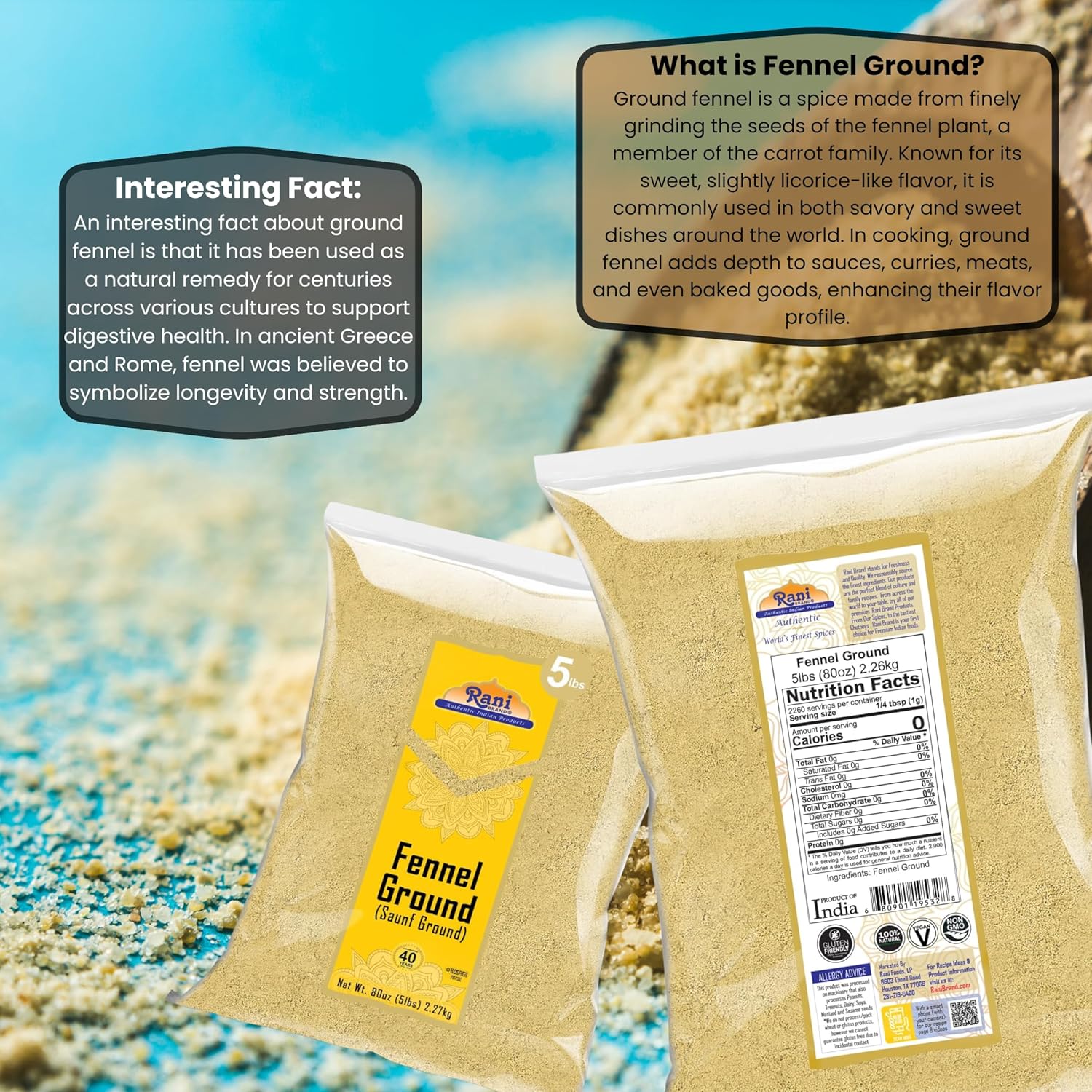 Rani Fennel Ground (Saunf) Powder Spice 80oz (5lbs) 2.27kg Bulk ~ All Natural | Gluten Friendly | NON-GMO | Kosher | Kosher | Vegan | Indian Origin