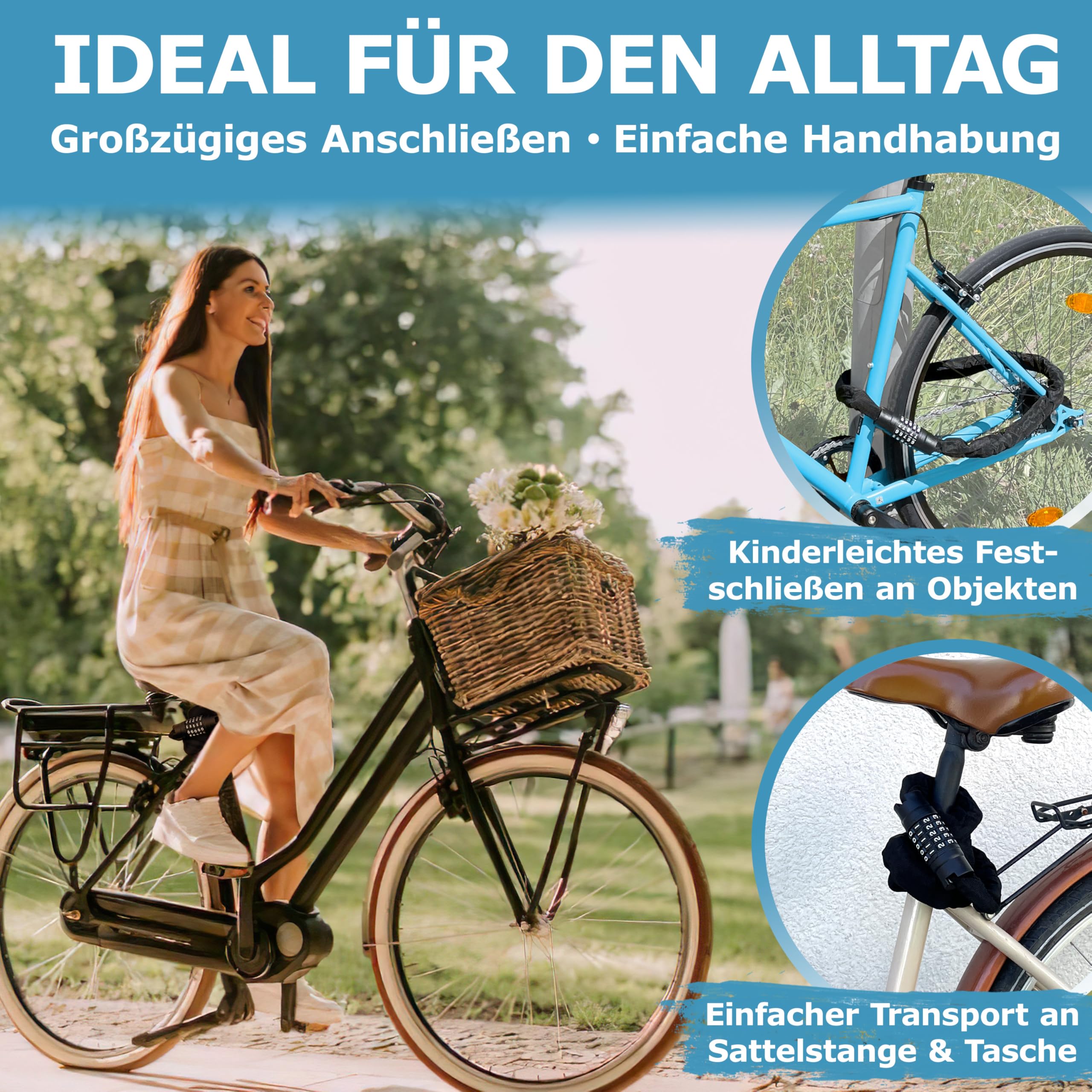 WIDDER Antivol à chaîne sécurisé de 8 mm avec code numérique (120 cm de long, roues à chiffres extra larges, chaîne en acier trempé) – Antivol pour vélo à chiffres haute sécurité – Antivol à
