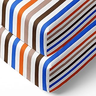 Bacati - 2 Pack MOD SPORTS BOYS 100% Cotton Percale Universal Baby US Standard Crib or Toddler Bed Fitted Sheets (STRIPES, BLUE ORANGE CHOCOLATE BROWN)