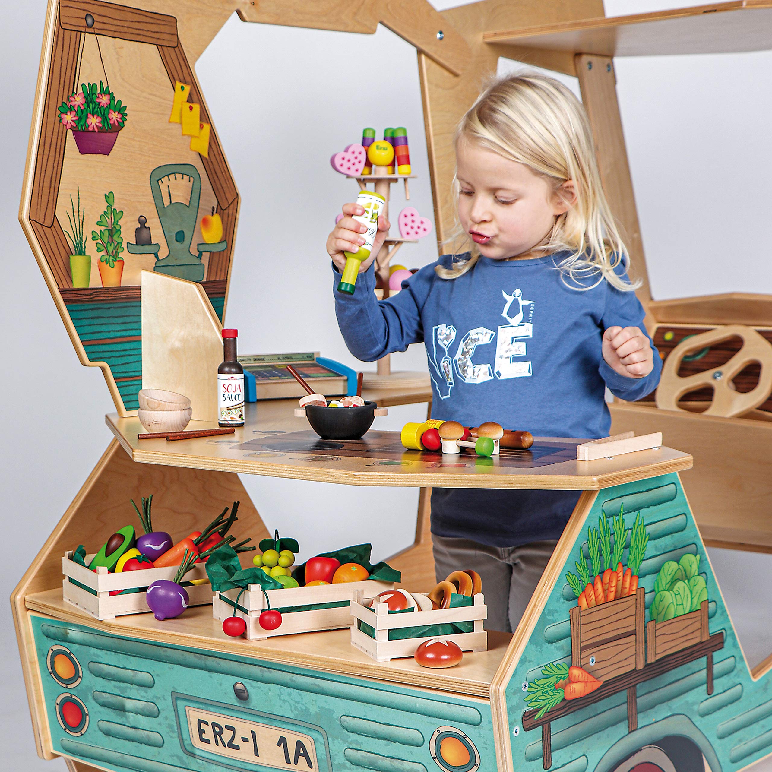 Erzi 10046 Foodtruck aus Holz, Kaufladenspielzeug für Kinder | Kaufmannsladen, Rollenspiele, Kreative Spielwelten gestalten