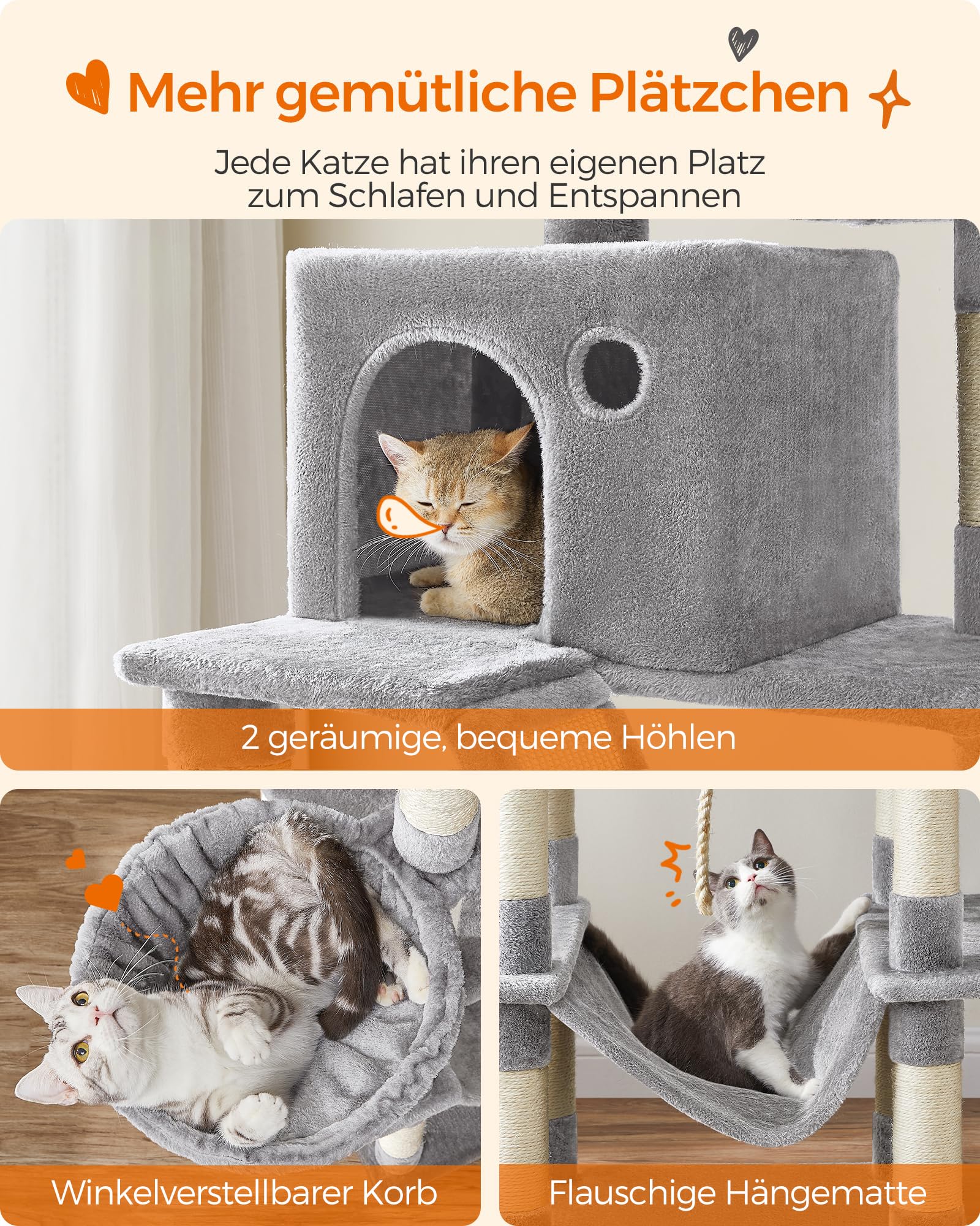 Feandrea Kratzbaum groß, 203,5 cm hoch, XXL Katzenbaum, mit 13 Kratzsäulen, 2 Plattformen, 2 Höhlen, Korb, Hängematte, Plüschbälle, mehrstöckiger Katzenkratzbaum, hellgrau PCT190W01