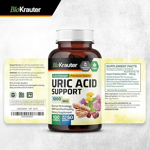 Miniatura 9 de BIO KRAUTER Cápsulas de apoyo de ácido úrico 1200 mg mezcla – 100 unidades – Suplemento renal con extracto de cereza agria 10:1 – Cardo mariano y