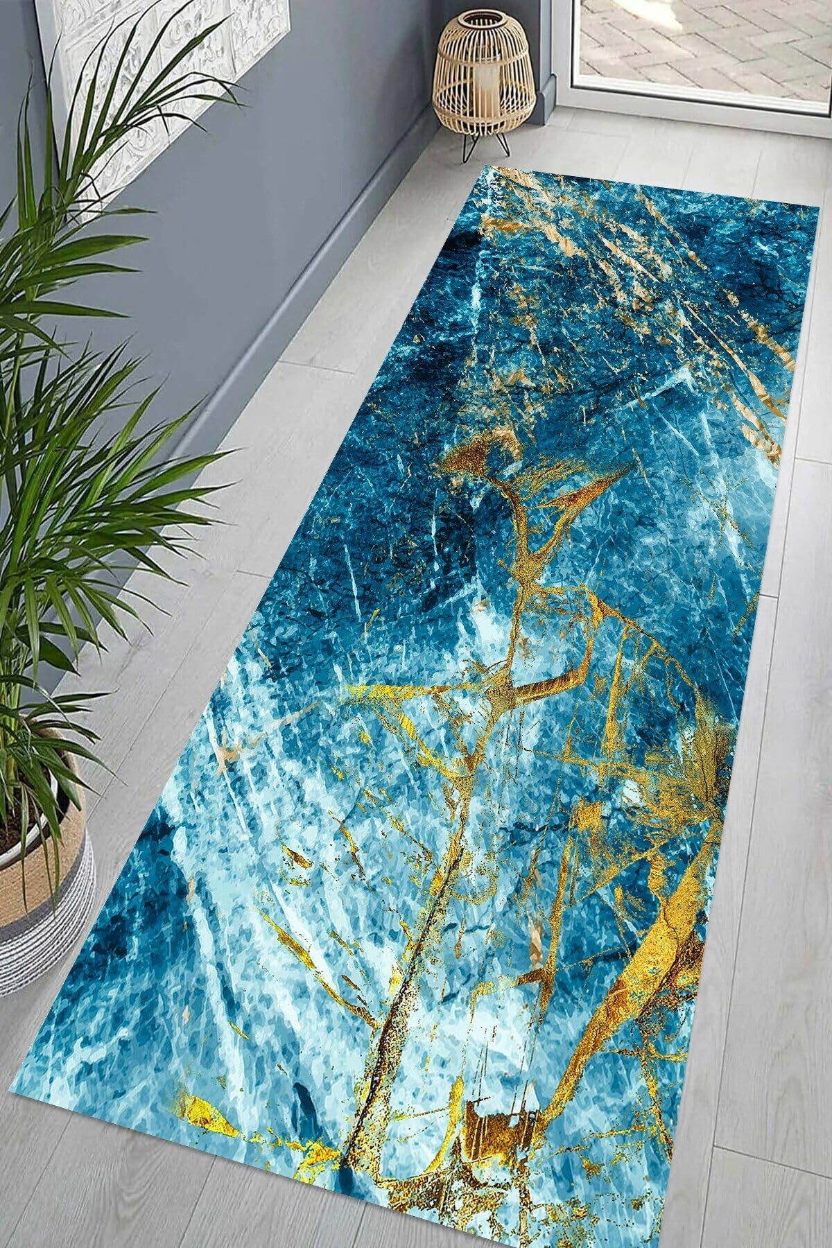 Pelangi Gold Detaylı Okyanus Esintili Dijital Baskı Yıkanabilir Modern Salon Halı, Mavi 100 x 250, 95547261002507