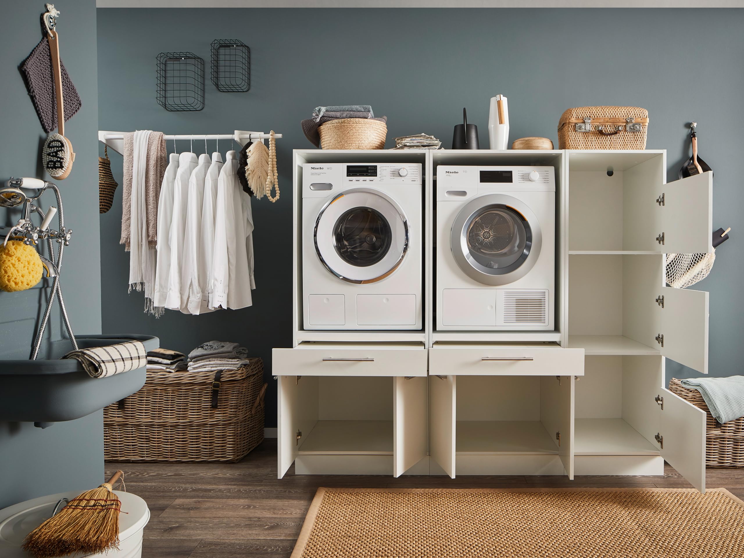 Laundreezy 2X Waschmaschinenschrank mit Wäscheschrank, Weiß - Waschmaschinen-Überbauschrank TÜV-Zertifiziert mit viel Stauraum - 185 x 162 x 67,5 cm (B/H/T)