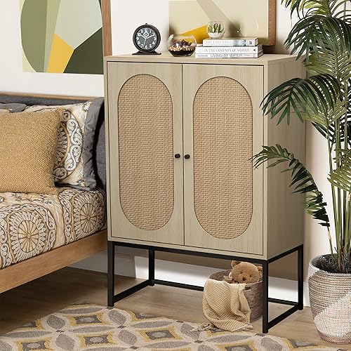 Miniatura 4 de AWQM Natural Rattan 2 Door High Cabinet,Sideboard Buffet Cupboard Accent Cabinet,Adjustable Shelves,Free Standing Bookmatch,Easy Assembly26.77 L x