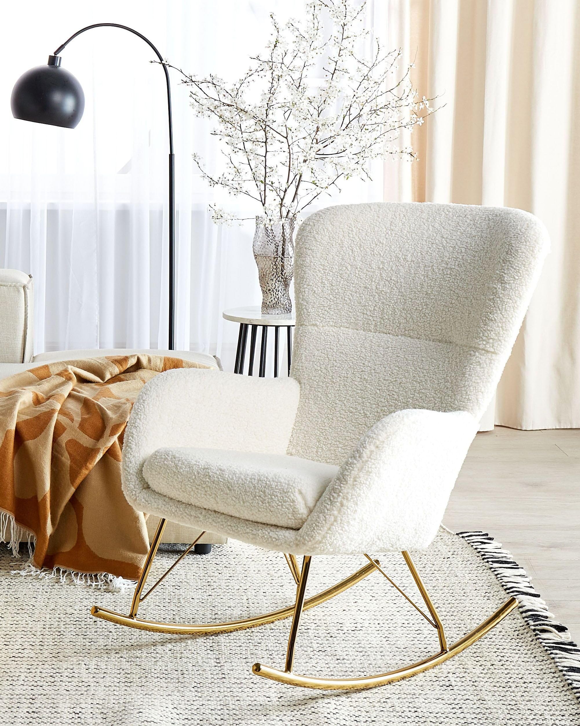 Beliani Schaukelsessel Bouclé Stoff weiß/Gold Schaukelstuhl modern elegant edel Anaset