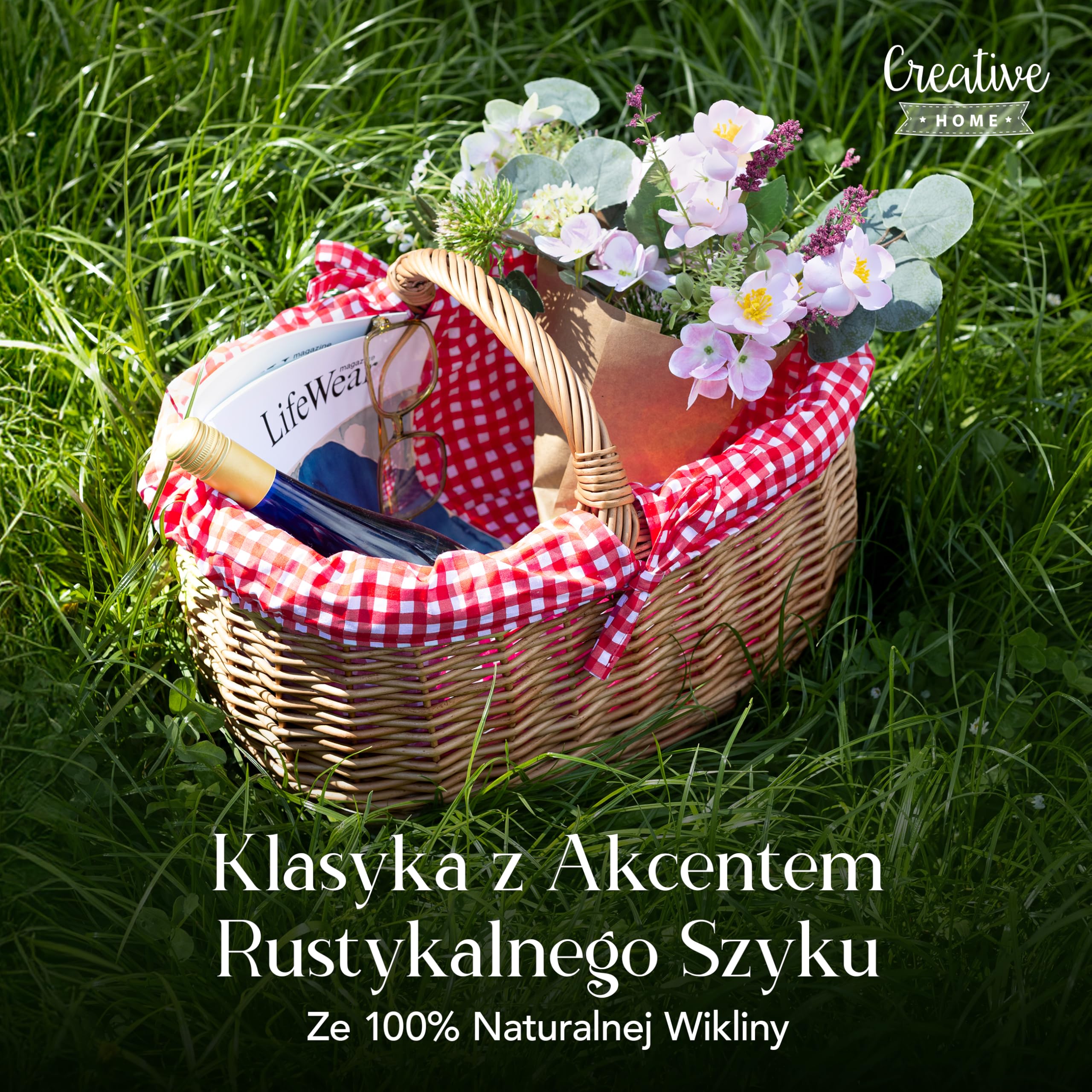 Creative Home Kosz Wiklinowy z Czerwonym Obszyciem w Kratę z 45x32x34cm