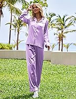 Vista 2 de Ekouaer Conjunto de pijama de satén largo clásico de verano para mujer