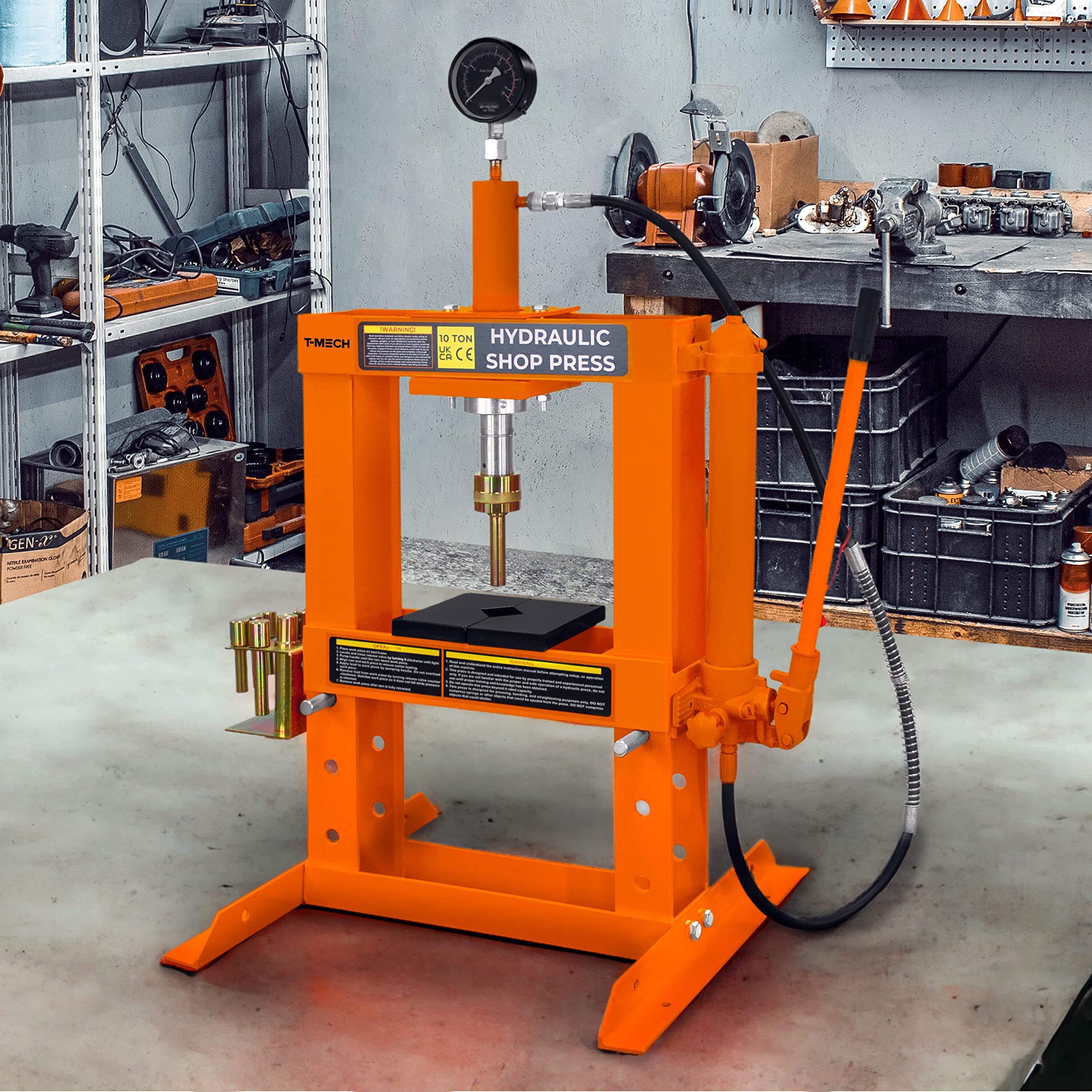 Prensa Hidraúlica Taller 10 Toneladas 10T 10,000 kg con Diseño Montado en Banco Manómetro Bomba Manual Desmontables Área Trabajo Ajustable 18-335mm Garaje Set Herramientas Mandriles y Adaptador GRATIS