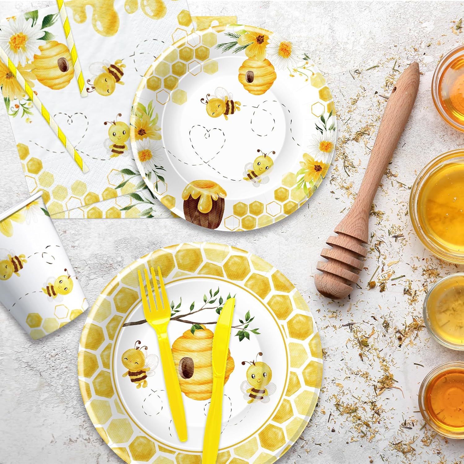 Bee Baby Shower Decorations Paper Plates And Napkins Party Supplies - Bee Birthday Party Decorations, Plate, Cup, Napkin, Fork, Bumble Theme Day Tableware | Serves 24 (Pack of 2)