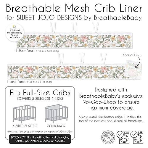 Miniatura 6 de Sweet Jojo Designs + BreathableBaby Juego de 2 piezas de forro de malla transpirable para cuna (rosaamarillo vintage floral boho) para niñas, bebés,