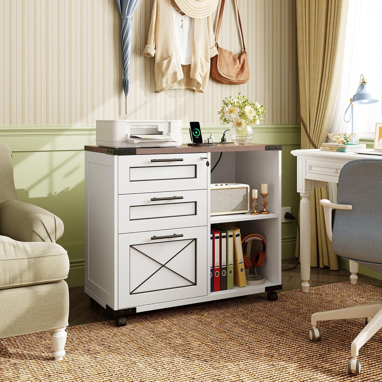 DEVAISE Wood File Cabinet with Charging Station, Mobile Lateral Filing Cabinet with Lock for Home Office, Printer Stand with Open Storage Shelves, Cottage Style White