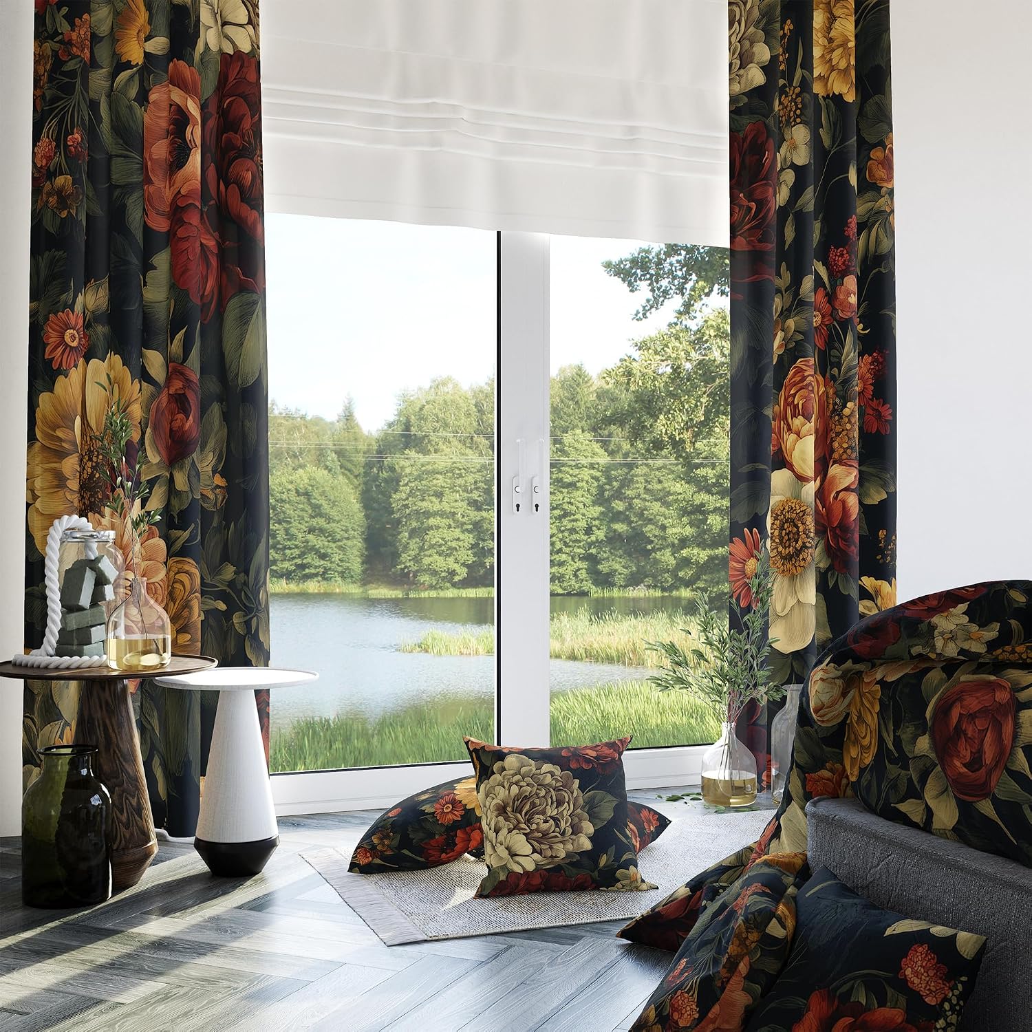 Black Floral Blackout Curtains, Boho Vintage Dark Flower Bloosom Rose Plants Decor for Home Bedroom, Living Room, Grommet Window Drapes 2 Panel Set, 96 inches Long image 2