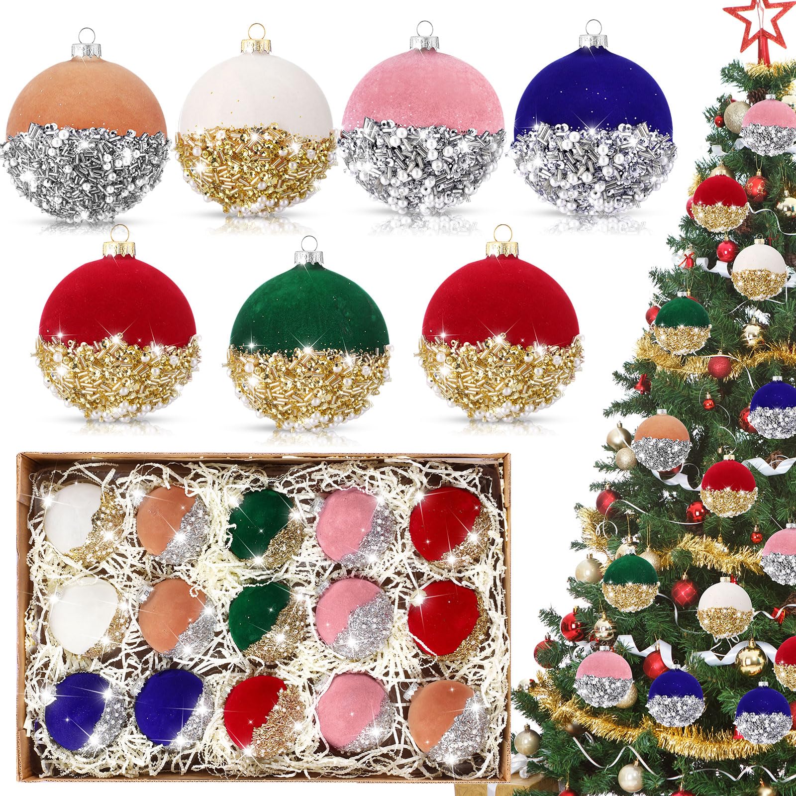 15 Pcs 3.15 Inch Christmas Velvet Glitter Balls Ornaments Bulk Hanging Christmas Tree Balls decorations Velvet Shatterproof Sequin Foam Balls with Gift Box for Home Xmas Wedding Party Decor(Multicolor