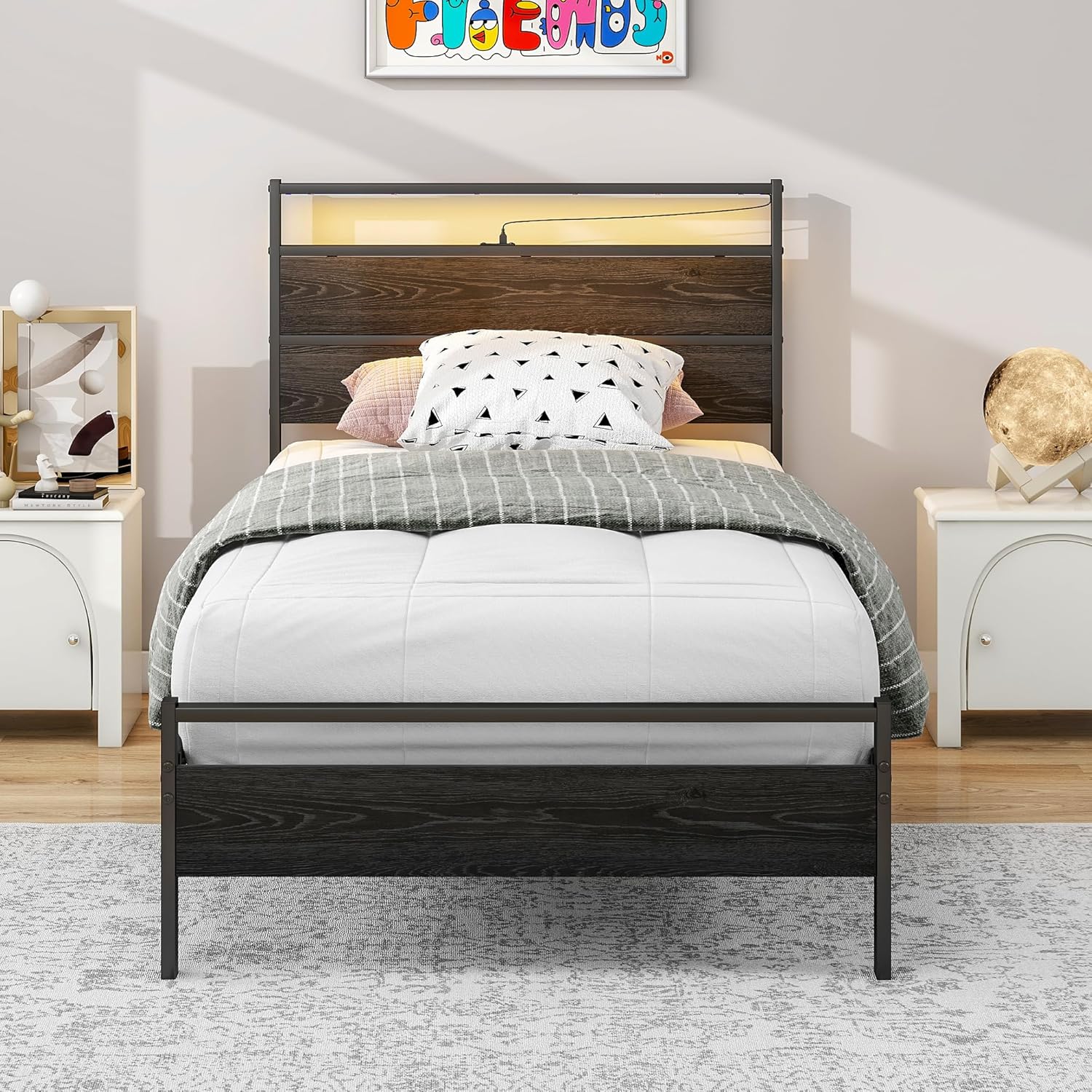 BOFENG Twin Bed Frame with Wood Headboard and USB Charging Station/LED Lights,Metal Single Platform Bed Frame Twin Size No Box Spring Needed,Heavy Duty Metal Slats Support,Noise Free,Black - Image 3