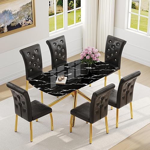 Miniatura 42 de Juego de mesa de comedor moderno de 63 pulgadas para 6 personas, juego de 6 mesas de comedor de cristal con patas de metal plateado, mesa de cocina