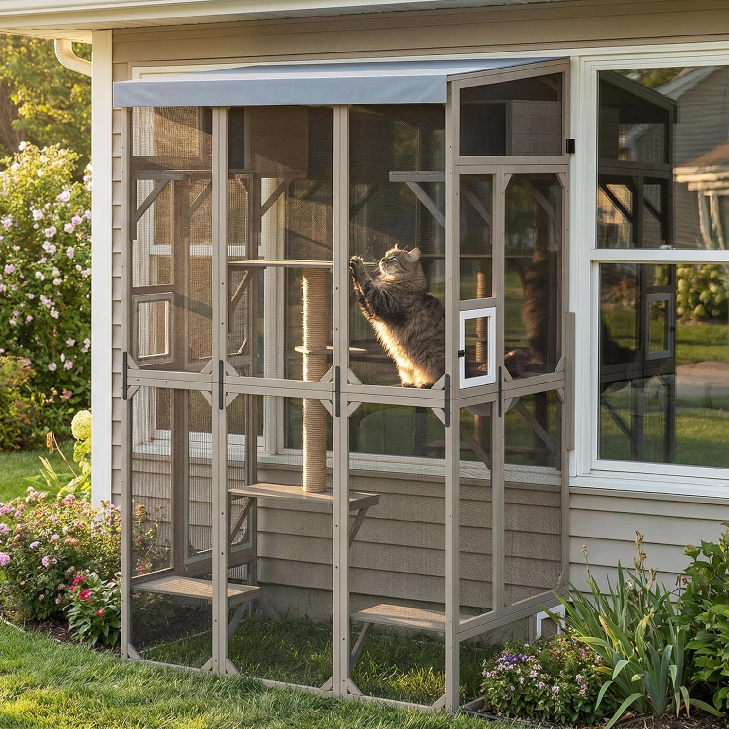 Gowoodhut 99.5" Cat Window Box Large Window Catio for Multiple Indoor Cats Outdoor Cat Enclosure with Floor Support, Platforms, Scratching Posts, Expandable Wall-Mounted Perches for Backyard Patio