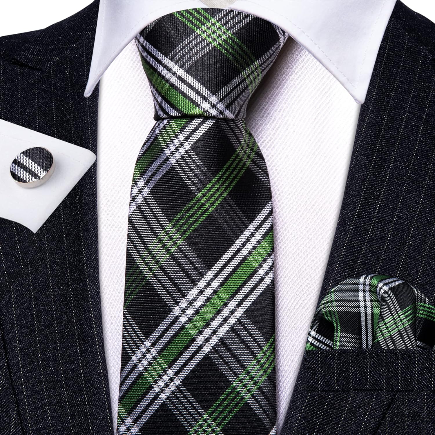 Barry.Wang Designer Classic Ties for Men Set Formal Pocket Square Cufflink Check Plaid - Image 5